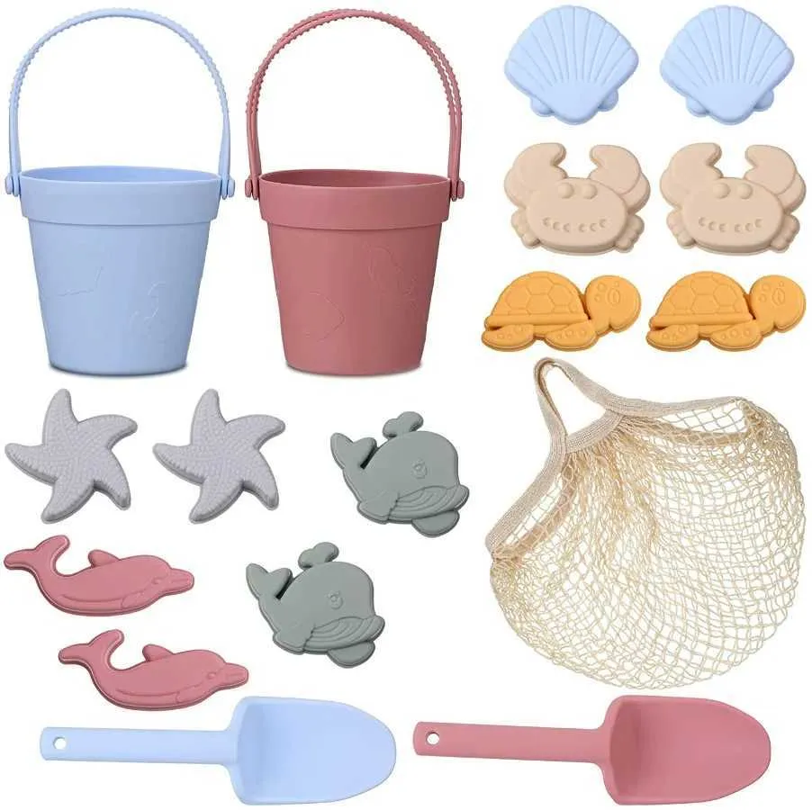 Sable Player Water Fun Silicone Beach Toys Set Kids Kids Travel Friendly Place Silicone Bucket Phelts Sand Moules de plage Sac Silicone Sand Toys for Toddlers T240428