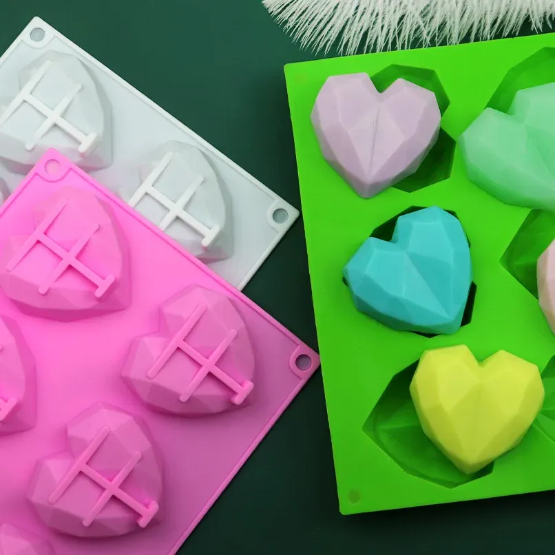 Formar 3D 6 Cavity Diamond Love Silicone Cake Mögel Hjärtkänsla Dekoration Verktyg Chokladkakor Mögel Köksbakningstillbehör