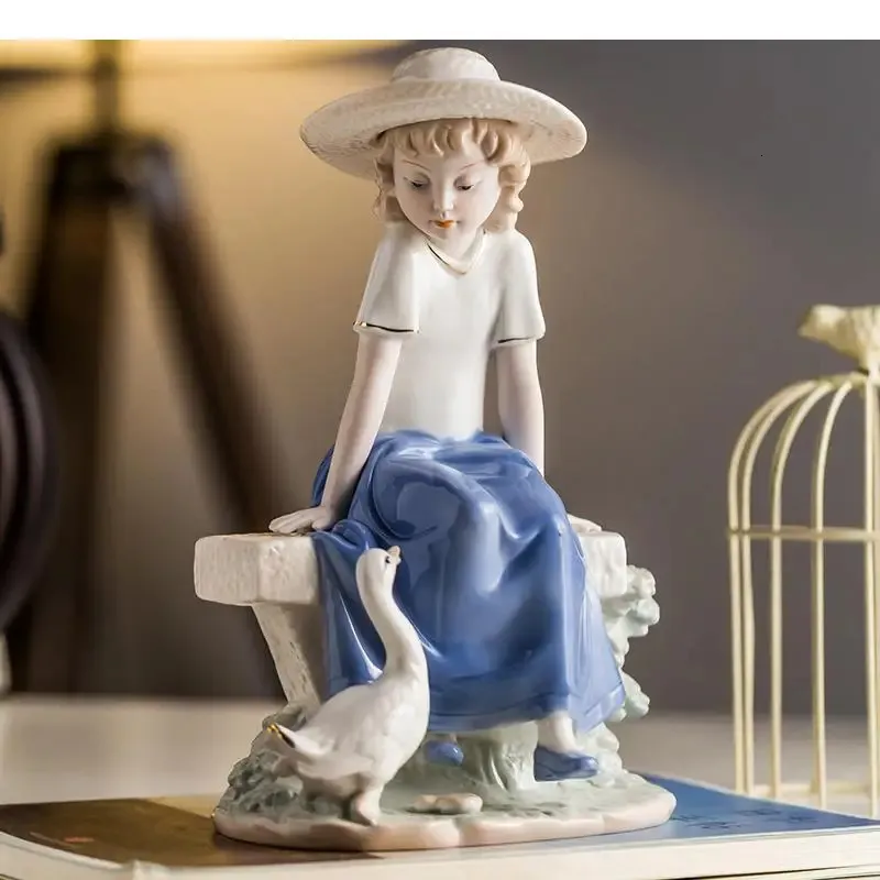 Tegenover Swan Girly Keramisch karakter Sculptuur geschilderd Portret Standbeeld Handgemaakte Porselein Crafts Figurine Home Decoratie Modern 240425