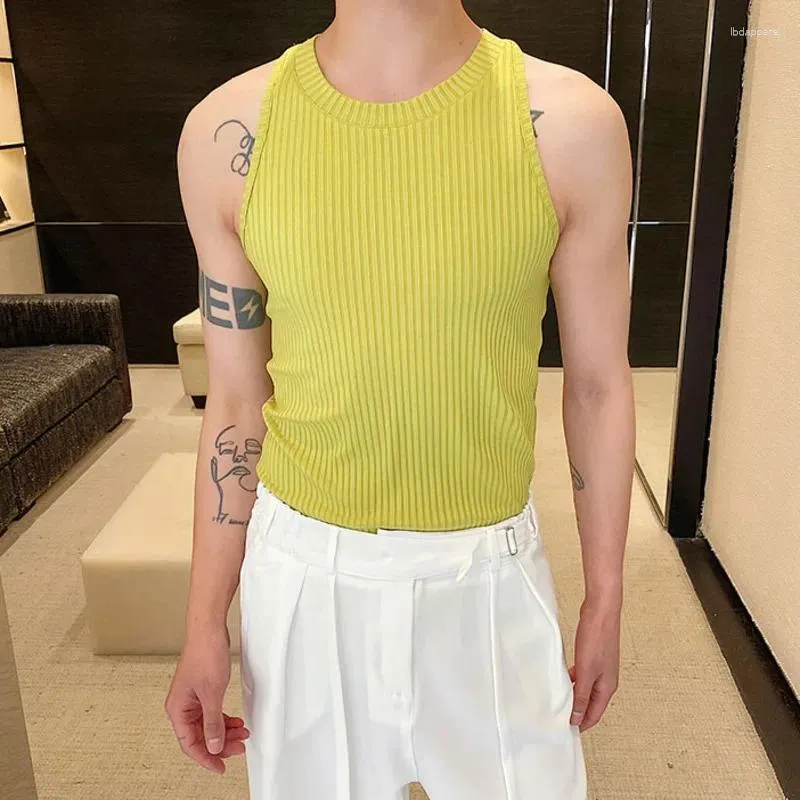 Men's Tank Tops SYUHGFA 2024 Vest Summer Round Neck Elastic Knits Top Trend Sleeveless Fashion Solid Color Ribbed Pattern Male