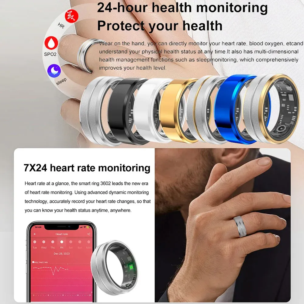 Mode frisk smart ring hjärtfrekvens blod syre termometer fitness tracker smart finger digitala ringar för män kvinnor gåva 240422