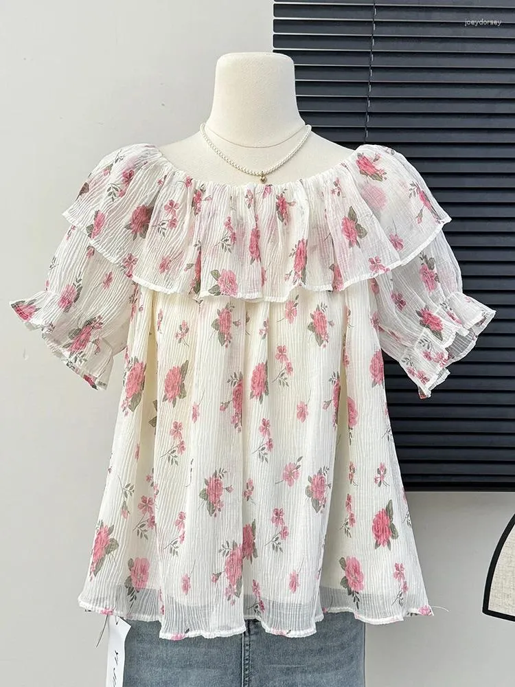 Women's Blouses One-word Collar Woman Plus Size Sweet Little Flower Female Shirt 2024 Spring Trendy Long Sleeve Tops