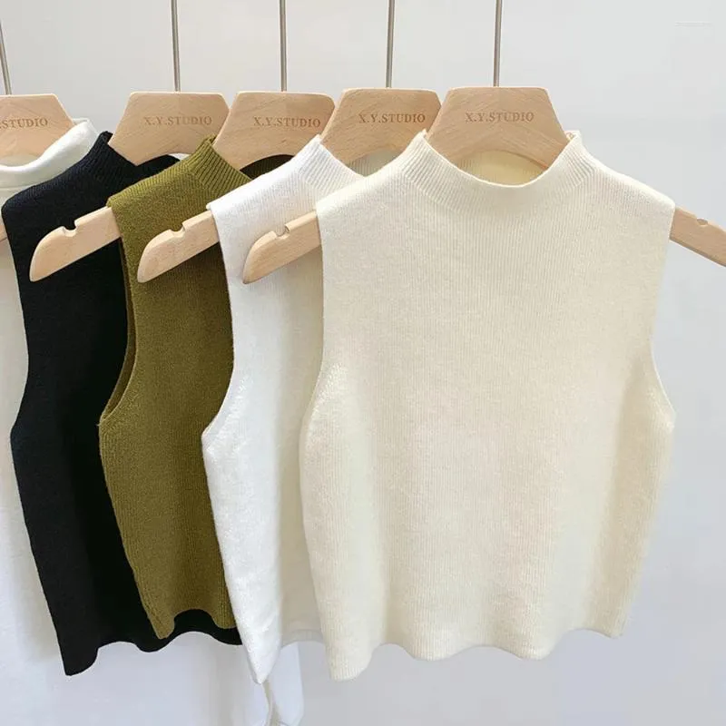 Kvinntankar Kvinnor Spring Autumn Temperament Sticked tröja Vest Half-Turtleneck Camisole Cropped Top Sleeveless Tank