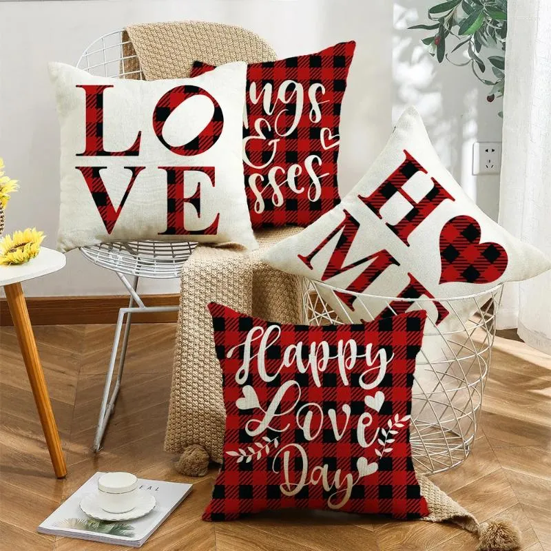 Pillow Red Letter Grid Series Couvre de lancement de la Saint Valentin Amour Forme Impression Case de chambre Décoration de salon de chambre à coucher