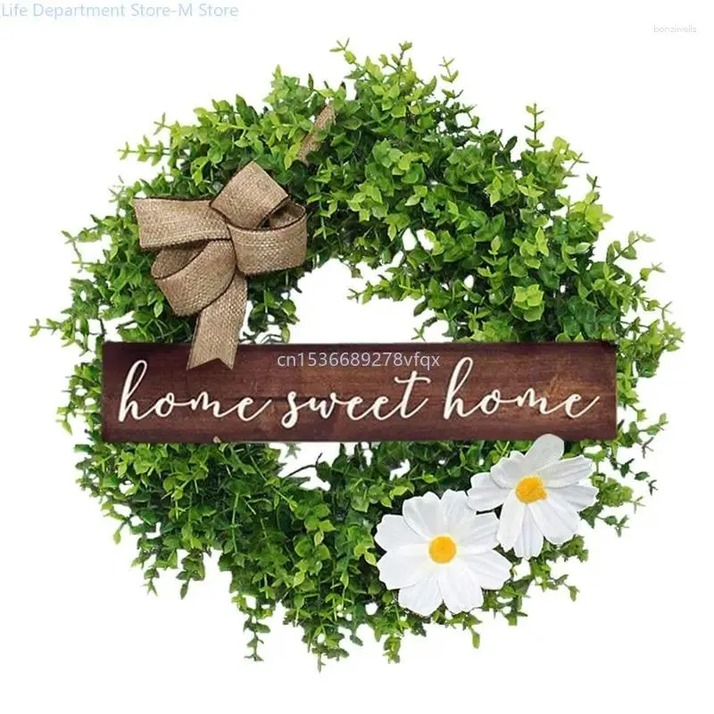 Decorative Flowers Faux Eucalyptus Leaves Wreath With Wooden Sign Letters Bow Front Door