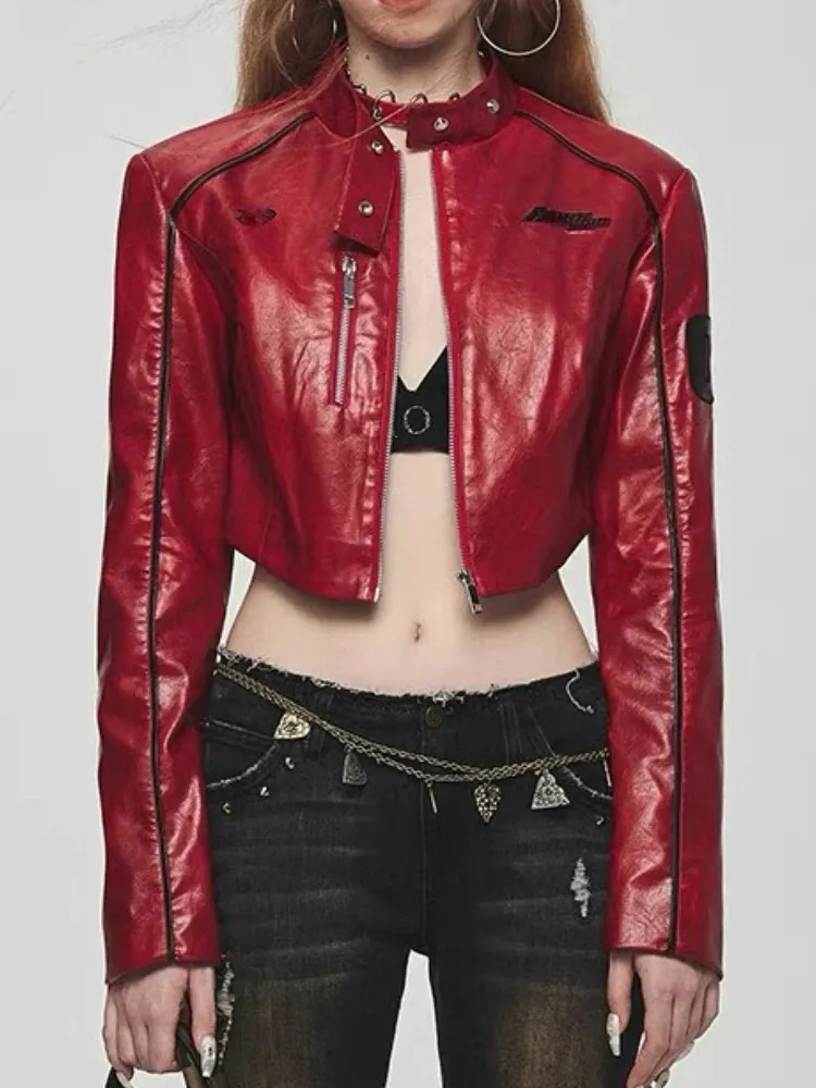 Vintage American Style Womens PU Leather Short Collarless Leather 