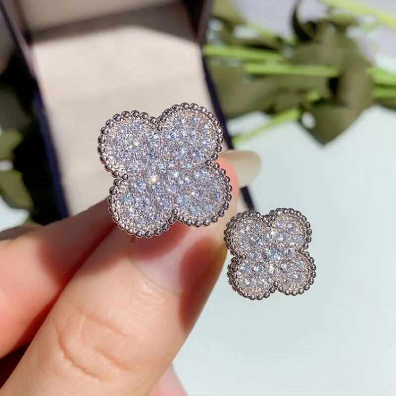 Luxe diamantring ontwerper Open ringen voor vrouwtjes 18K Nieuwe dubbelzijds roterende vierbladige colver bloemenmotief ring Moeder van parel met doos 15 mm 25 mm maat zilver