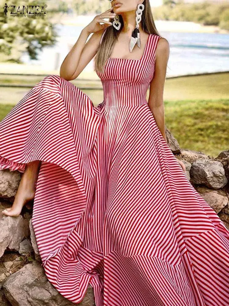 2023 Boheemse vakantie Sundress Zanzea Summer Elegant Maxi Dres Chic Striped Robe Longue Beach Party Mouwloze jurk 240419