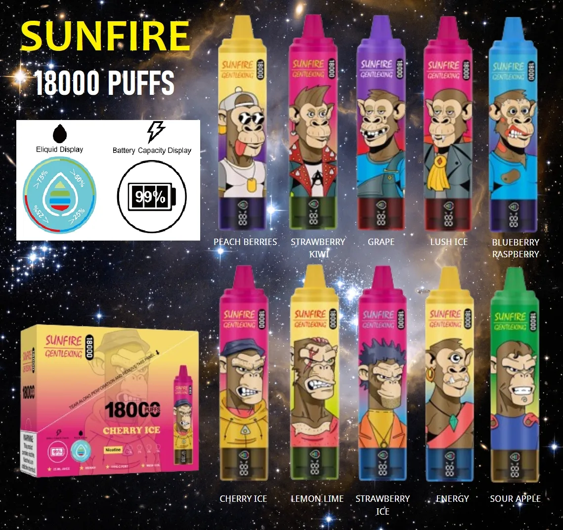 Exibição digital 18000 Puffs Sunfire Vape descartável 25ml 850mAh Bateria 0mg 20mg 30mg 50mg Cigarro eletrônico Caixa digital Puff 18k 15k 15000 20000 atacado i vape