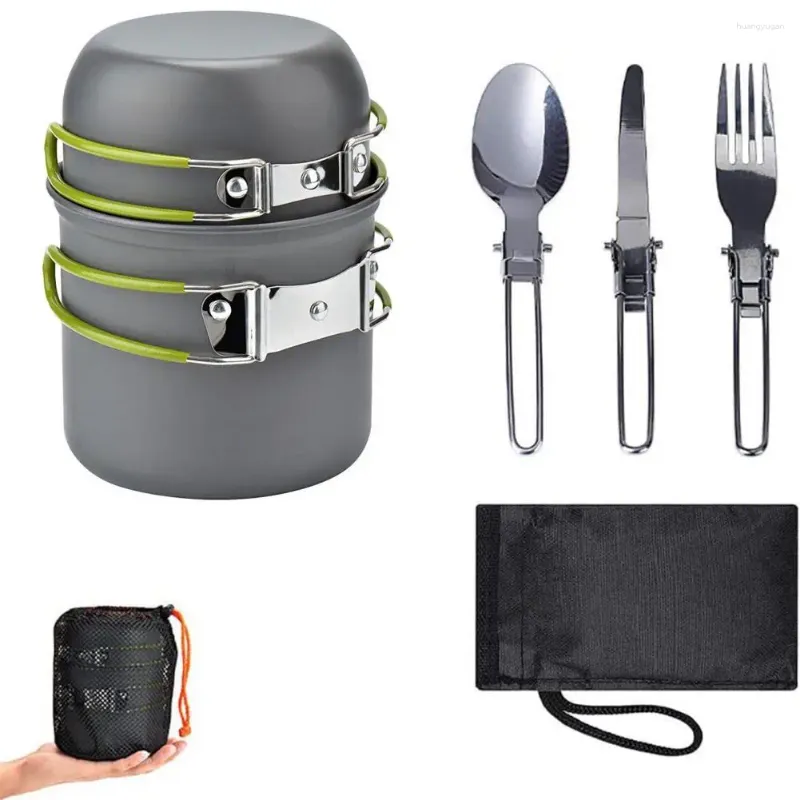 Dinnerware Lunch Box Cookware Set Camping Pot With Foldable Handle Non-stick Heat-Resistant Cooking Picnic Fork Spoon Utensils Kit