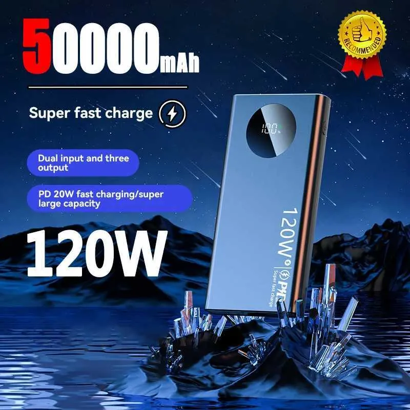 携帯電話のパワーバンク120Wウルトラ高速充電50000MAH超薄型および軽量パワーパックiPhone 15 Xiaomi Huawei電話アクセサリー外部バット
