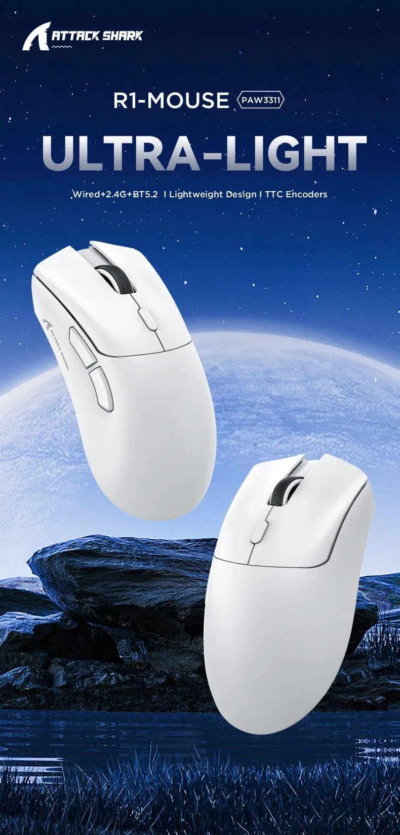 R1 Superlight Bluetooth 2.4G Wireless Gaming Mouse with PixArt PAW3311 ...