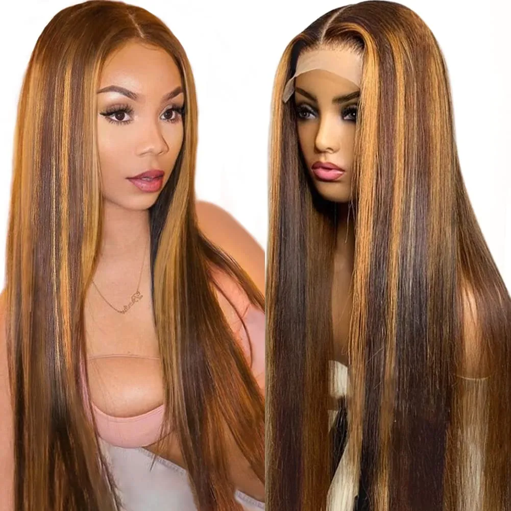 150% 밀도 24 인치 13x6 하이라이트 OMBRE DEEP Straight Lace Front Wigs Human Hair 4/27 컬러 가발 꿀 금발 레이스 정면 가발