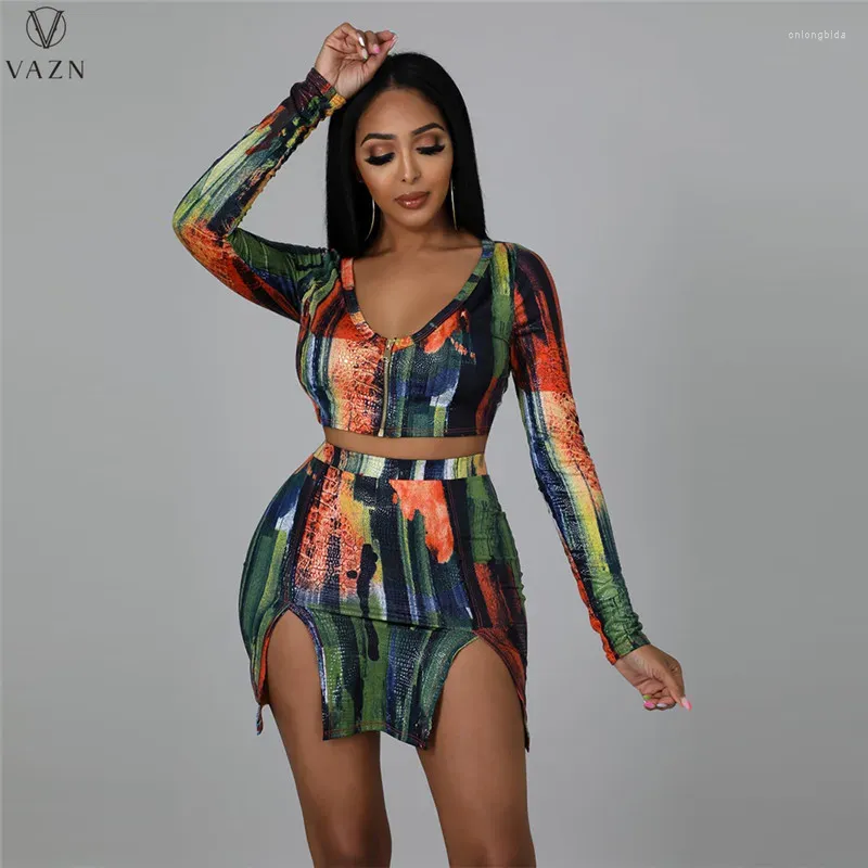 Work Dresses VAZN 2024 Fashion Women Suit Sexy Holiday Style Long Sleeve Dew Waist Top Elastic Mini Short Skirt Printed Dress Sets