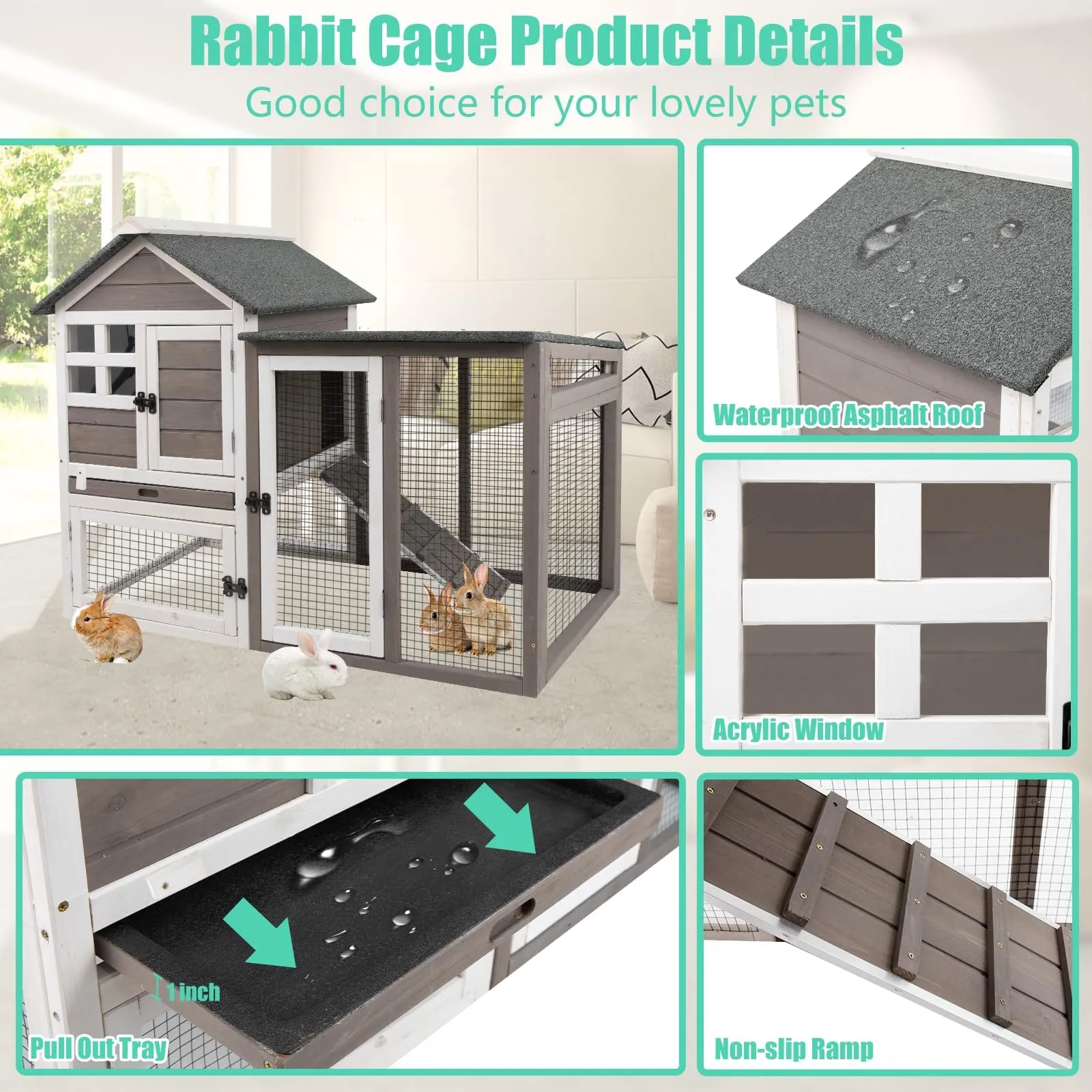 HAUSHECK 48''L Outdoor Rabbit Hutch Chicken Coop Bunny Cage Bunny Hutch Wood Pet Cage House For Small Animals