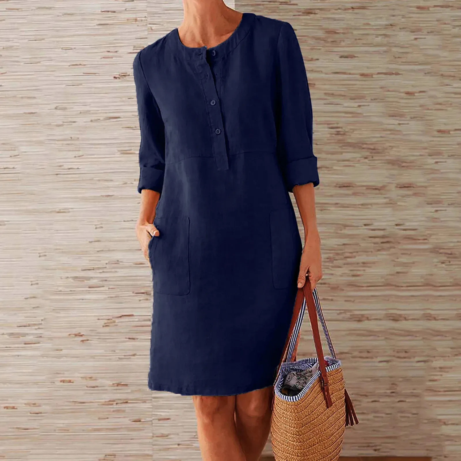 Boho Linen Linen Dress Women for Women - Round Neck, Knee-Length, Loose Fit with Button Detail - Elegant Fashion Beach Sundress (Vestido 240415)