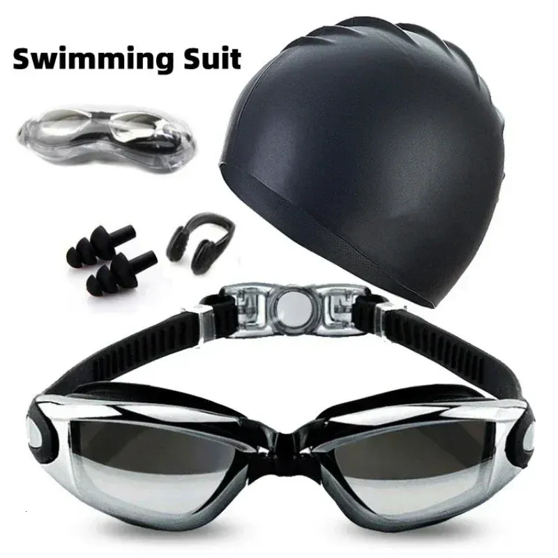 Volwassen zwempak HD Anti-Fog Zwembril Set Waterdichte Siliconen Neus CLIP Oorpoppen zwemmen bril set en Cap Men 240426