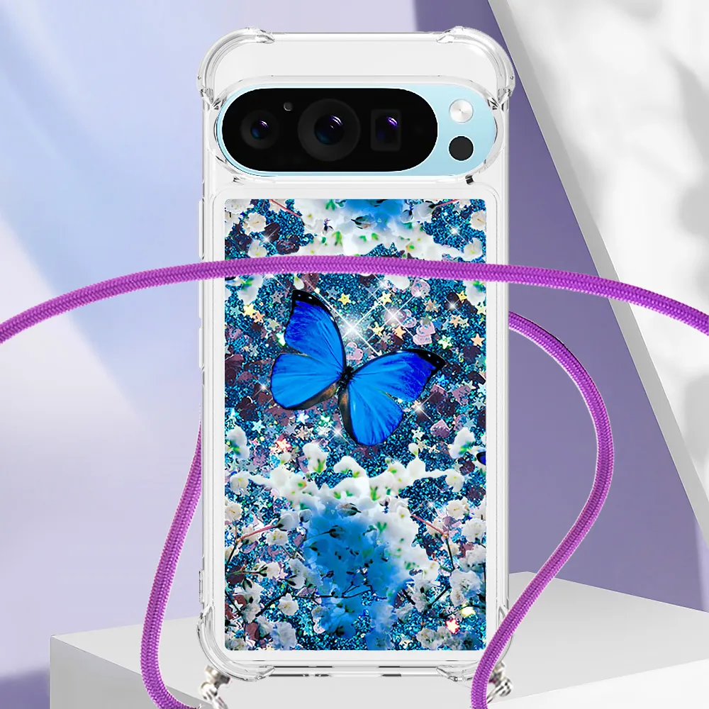 Phone Cases For Google Pixel 9 8 8A 7A 7 Pro XL Quicksand Patterns Flower Shockproof Case Cover Long Rope
