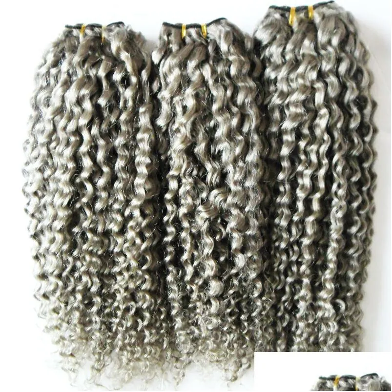 Hår wefts grå brasilianska kinky lockiga vävbuntar 100% mänskliga 3st naturliga icke remy förlängningar 3 kan köpa droppleveransprodukter dhizi