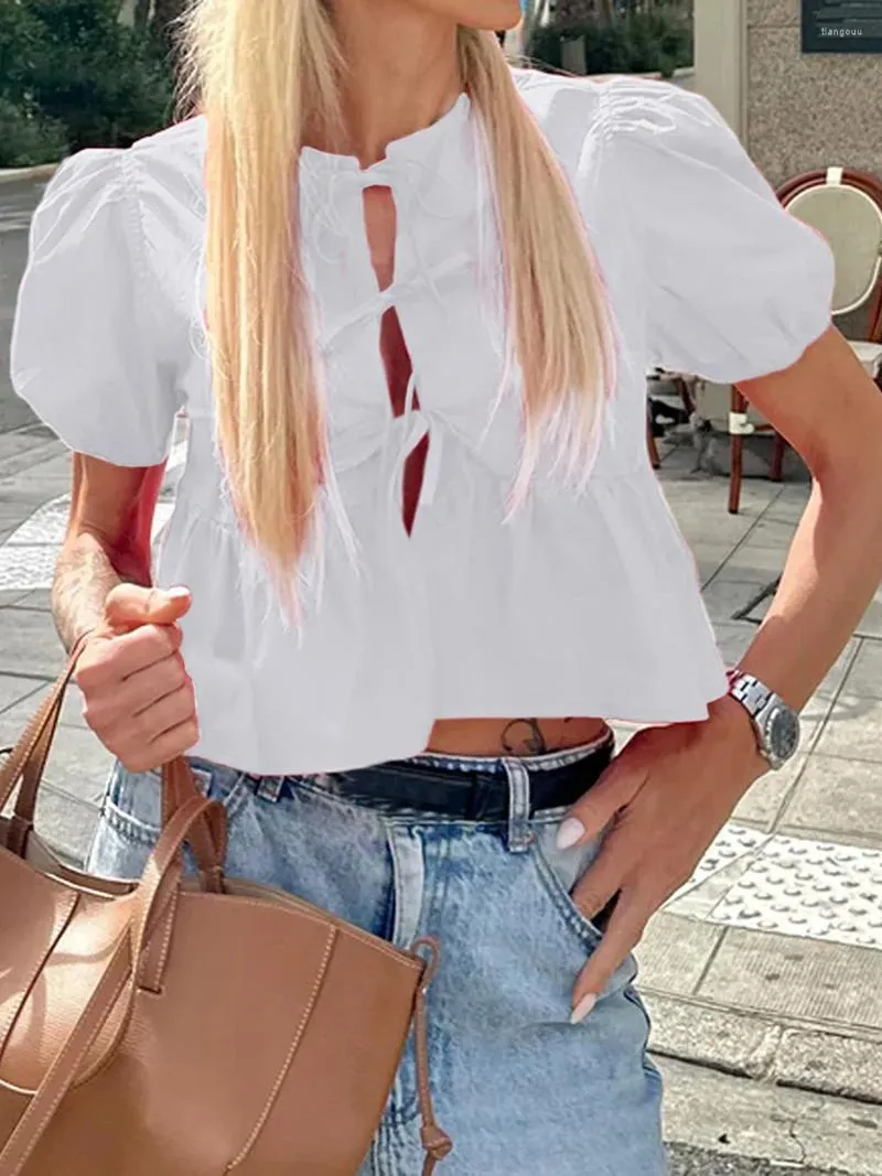 Kvinnors blusar kvinnor y2k blus puff hylsa slips främre topp peplum t shirt söt gå ut babydoll gröda 2024 sommar streetwear