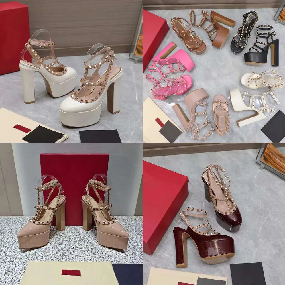 Qualität Top Sandalen Frauen Plattform Absatz Designer Schuhe Metall Nieten dekoriert echte Leder -Knöchel -Gurt -Schnalle -Wrap -Zeh -Freizeitkleiderschuh Originalqualität