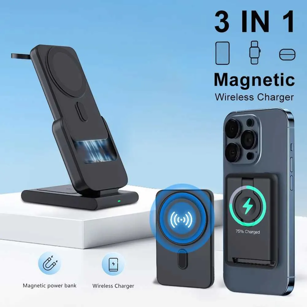Mobiltelefon Power Banks 3in1 Magnetic Power Pack Wireless Fast Charger Holder 5000mAh Auxiliary Externt batteri Lämpligt för iPhone 15 14 13 Series Apple Watch J2404