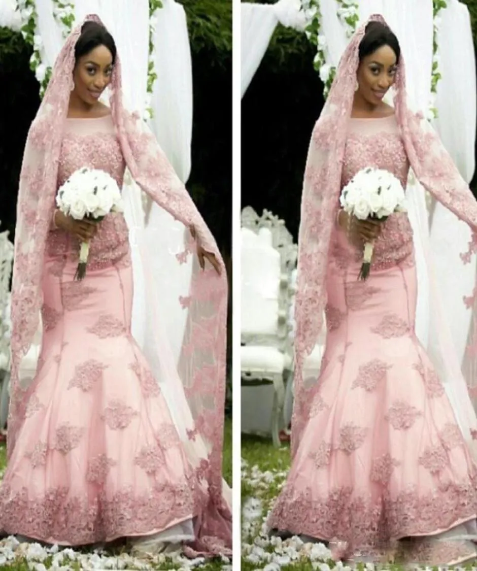 2018 South African Muslim Pink Wedding Dresses Mermaid Long Sleeve Sheer Jewel Neck Bridal Gown For Fall Winter Wedding Dress8107828
