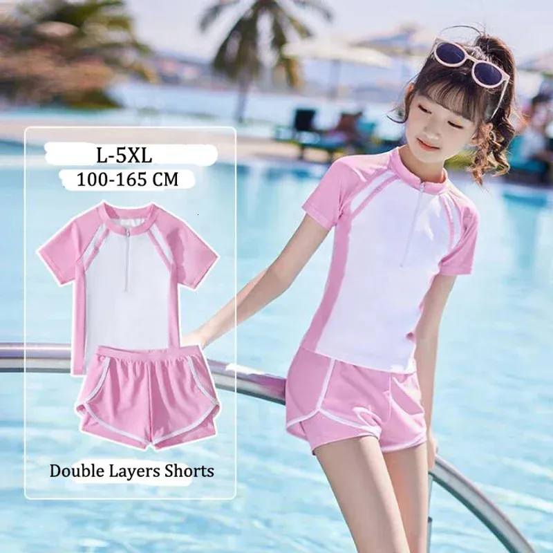 Double Layers Shorts Girls Swimwear Two-Pieces Suits Summer Beach Clothes L-5XL Kids Short-sleeve Swimsuit For Girl Pink Black 240422