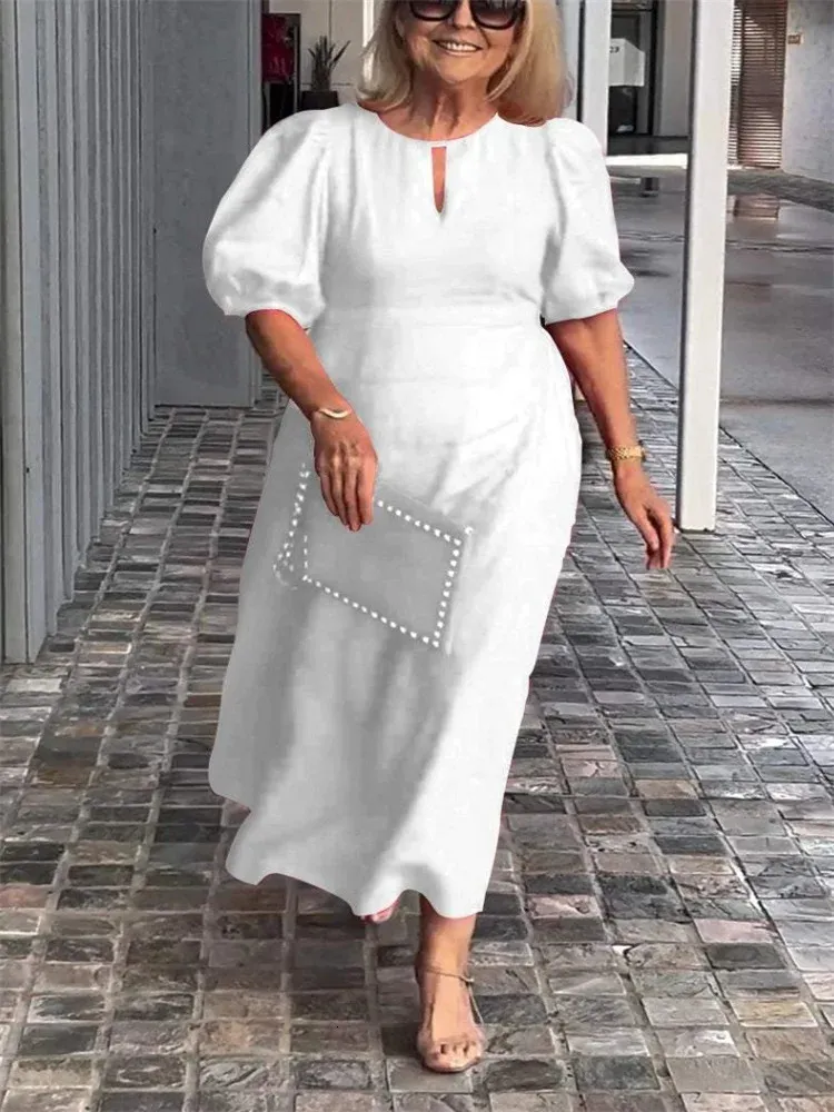 Plus Size White Dress With Sleeves Casual Solid Color Round Collar