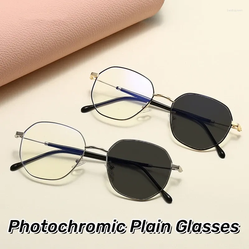 Sonnenbrille 2024 Polygonale pochromische einfache Brille Retro -Metallrahmen Antiblau -Licht Frauen optisches Spektakel Brille Brille