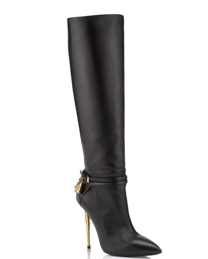 2024 Winter Vorhängeschloss Kniestiefel Logo-aufgenommene Lock-Key-Stiefel Metall Stiletto Heel Gold-Tone Hardware Speate Toe Lady Booty Party Hochzeit Tom Ford High Heels Boot Box