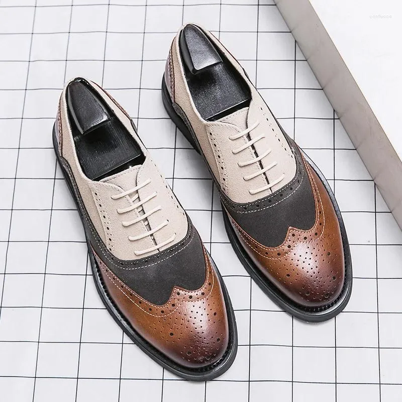 Casual Shoes Block Men PU Stitching Lace - Up Carved Business Dress Comfortable Classic Oxford
