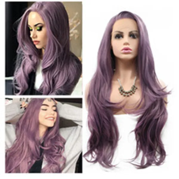 Purple Long Haids Handing Hands Handing Fiber Synthetic Big Wavy mixte Couleur de couleur Fibre chimique Fibre haute température Lace Chemical Fibre Wig Femme Headgear Curly Hair