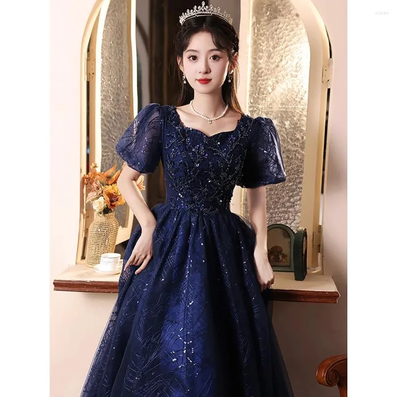 Party Dresses Luxury Sequin Blue Evening Dress For Women Annual Conference Hosting Ball Gown Puff Sleeve Sqare Collar Banquet Princess