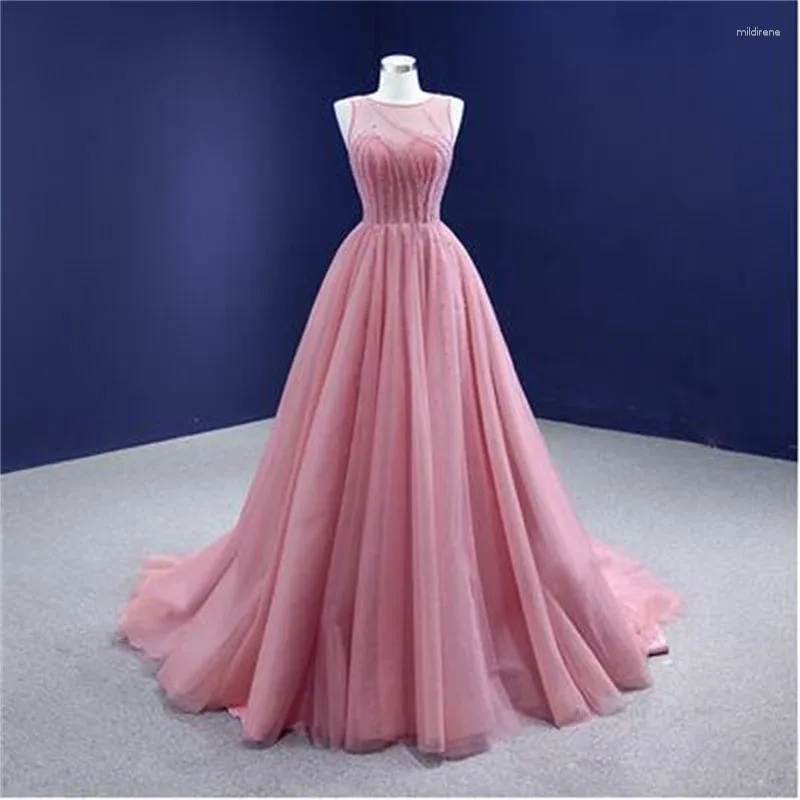 Abiti per feste Pink Luxury Evening A-Line Scoop Long Tulle Tulle Long Turchia Dubai Arabia Arabia abito da ballo