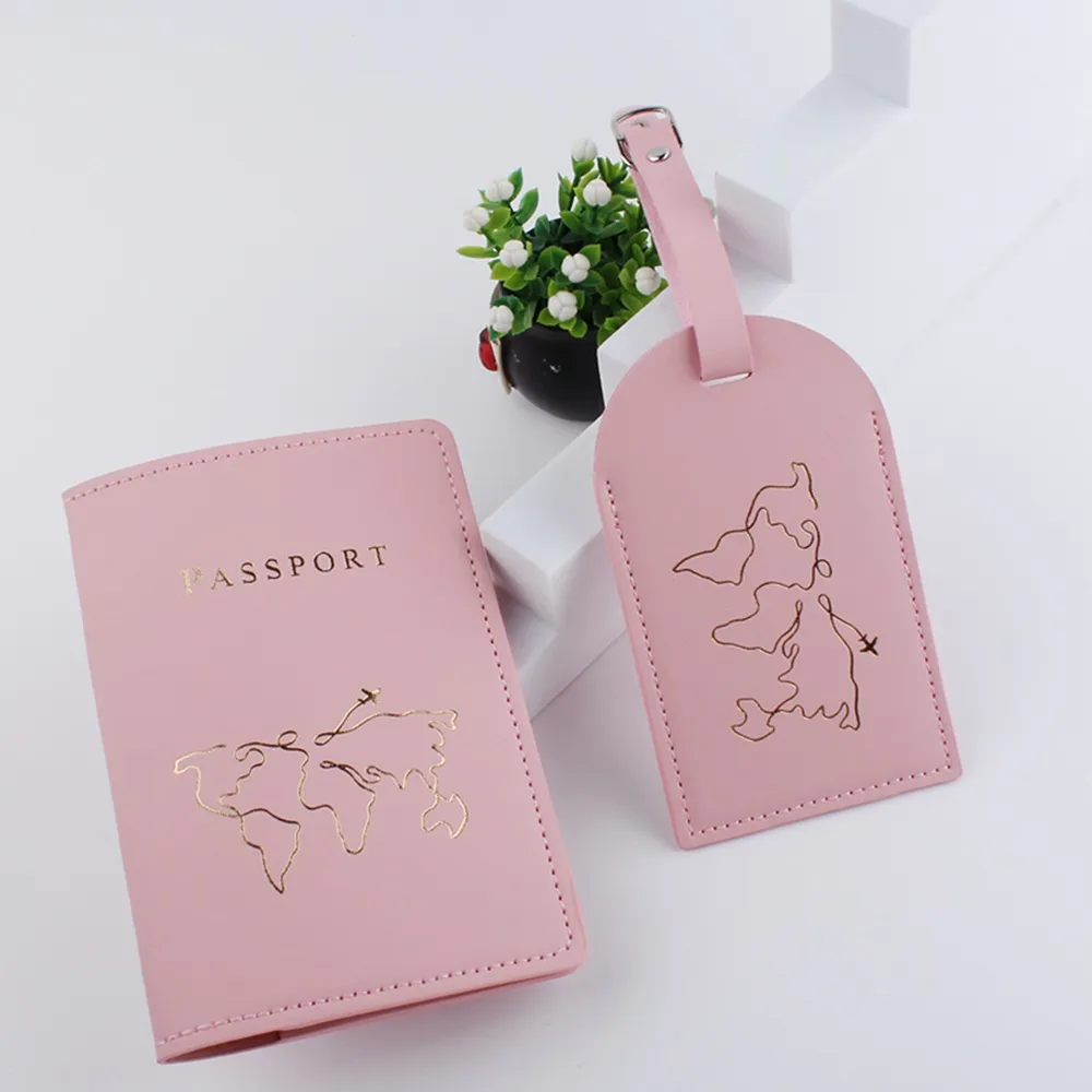 Factory Ready New Short Map Passport Holder Passport Book Protective Cover Pu Leather Id Bag Luggage Tag Set