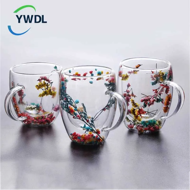 Mugs YWDL 1/2 double walled glass cup with handle heat-resistant tea coffee cup espresso milk cup gift J240428