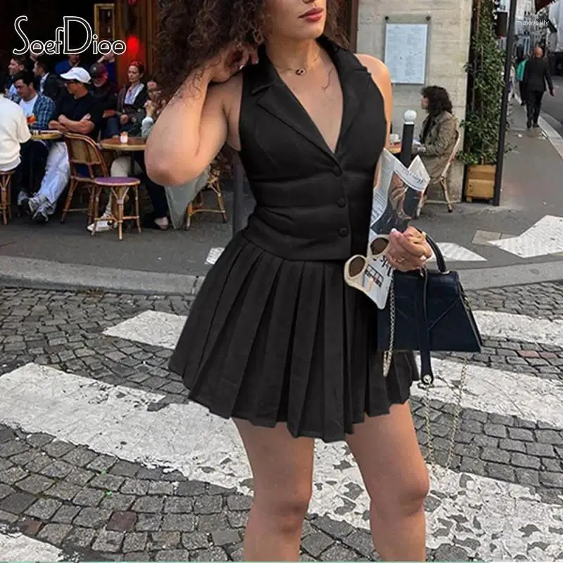 Elegant Womens Mini Dress Work Set With V Neck Waistcoat, Vest 