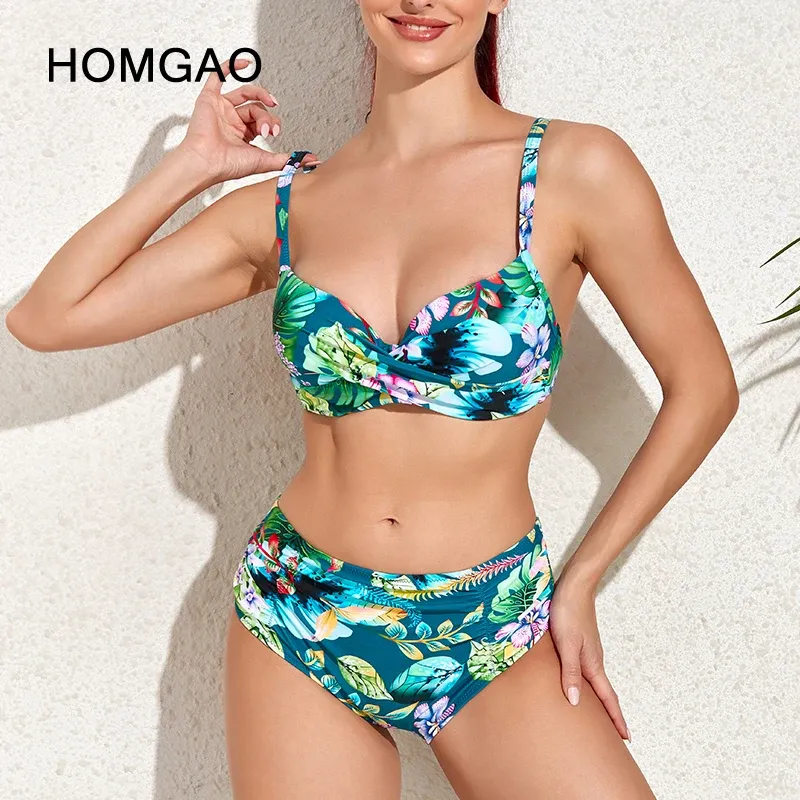 Set Homgao Sexy 4xl Large Swimsuit para mulheres Push -up Push Up Bikinis Cantura alta Retro Prind Feminino Set Bathing Suit Beach Biquini