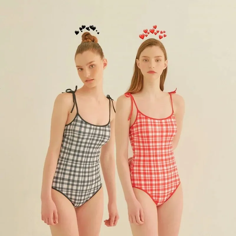シンプルなワンピース水着女性日本語と韓国の女の子格子縞の保守的な水着温泉ビキニ