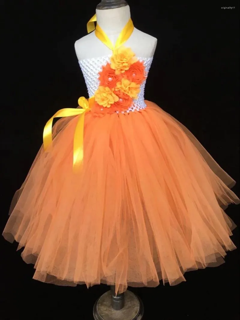 Dziewczyna sukienki dla dzieci Orange Flower Tutu sukienki dla dzieci szydełka tiulowa suknia balowa z wstążką i opaską na przyjęcie weselne