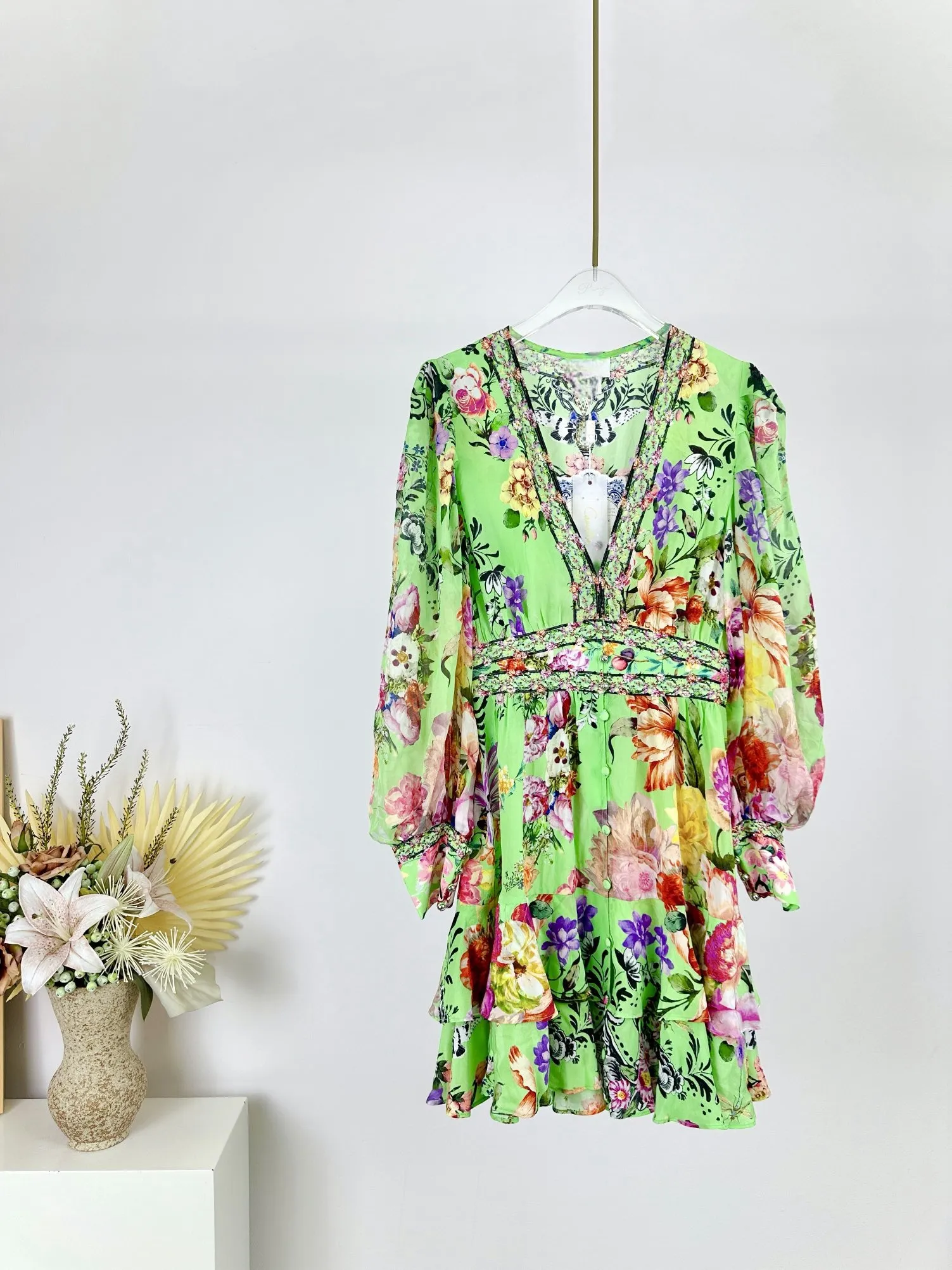 2024 Spring/Summer New Silk Printed Long sleeved Mini Dress