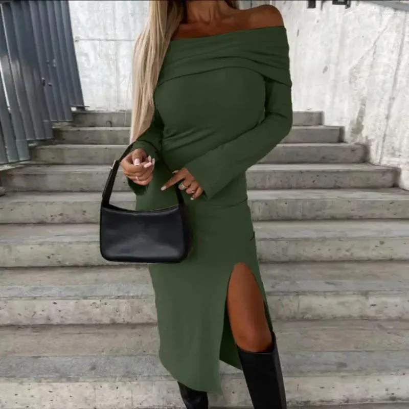Off-Shoulder Bodycon Dress for Women - Slim Fit, Long Sleeve, Slit Hem, Hip-Wrapped, Perfect for Autumn/Winter Parties Off-Shoulder Bodycon Dress for Women - Slim Fit, Long Sleeve, Slit Hem, Hip-Wrapped, Perfect for Autumn/Winter Parties