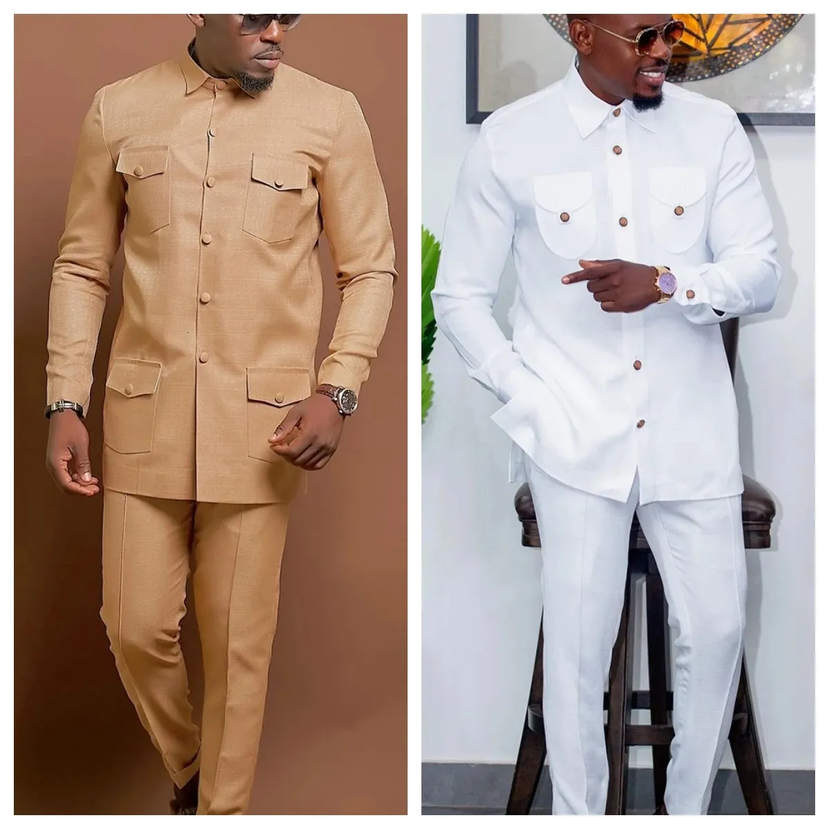 Herren Temos Hochzeit zweiteiliger Anzug Herren Kleid Lange Hosenhemd Hemd Solid Farbe Langarm Party afrikanischer ethnischer Stil Kleidung 240417