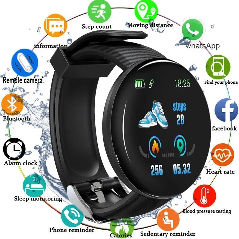 D18 SMART WACK HEARCH MONITER MENS KVINNERS SMARTWATCH RUND Fitness Digitala klockor för män Kvinnor Bandarmband