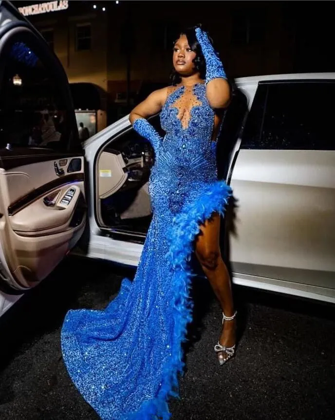 Blue Sparkly Long Evening Ceremony Dresses for Black Girl 2024 Luxury Diamond Crystal Feather Velvet Prom Birthday Gala Gown