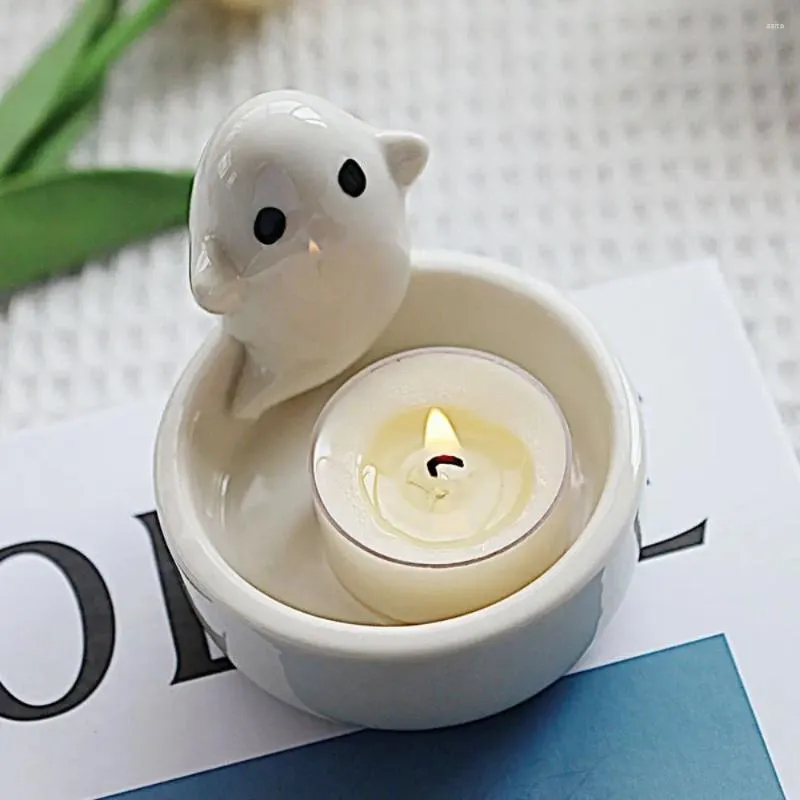 Soportes de velas Cerámica Soporte de fantasma Blanco Lindo calentador de calentamiento Ornamento de escritorio Fiesta de gatito hecho a mano