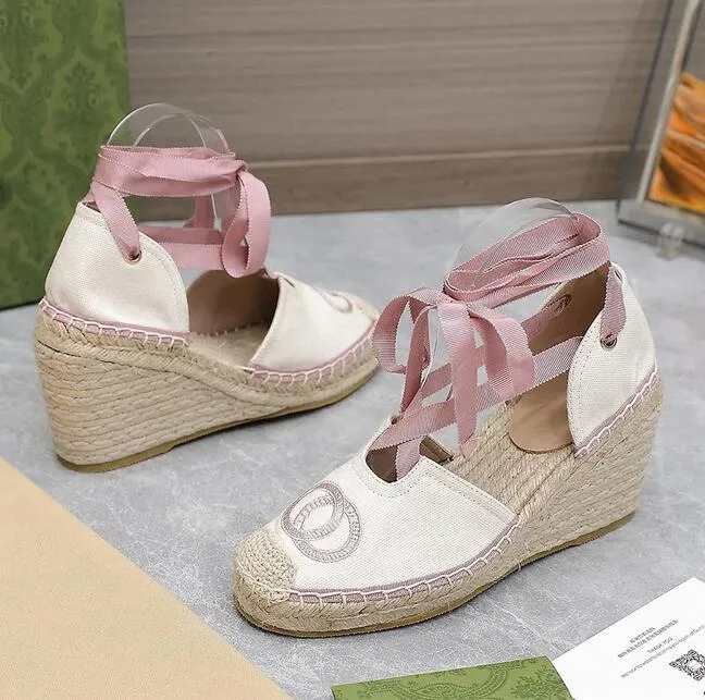 Luxury Designer Handmade Embroidered Linen Espadrille Wedge Sandals Ankle Strap Jute Platform Sole for Summer