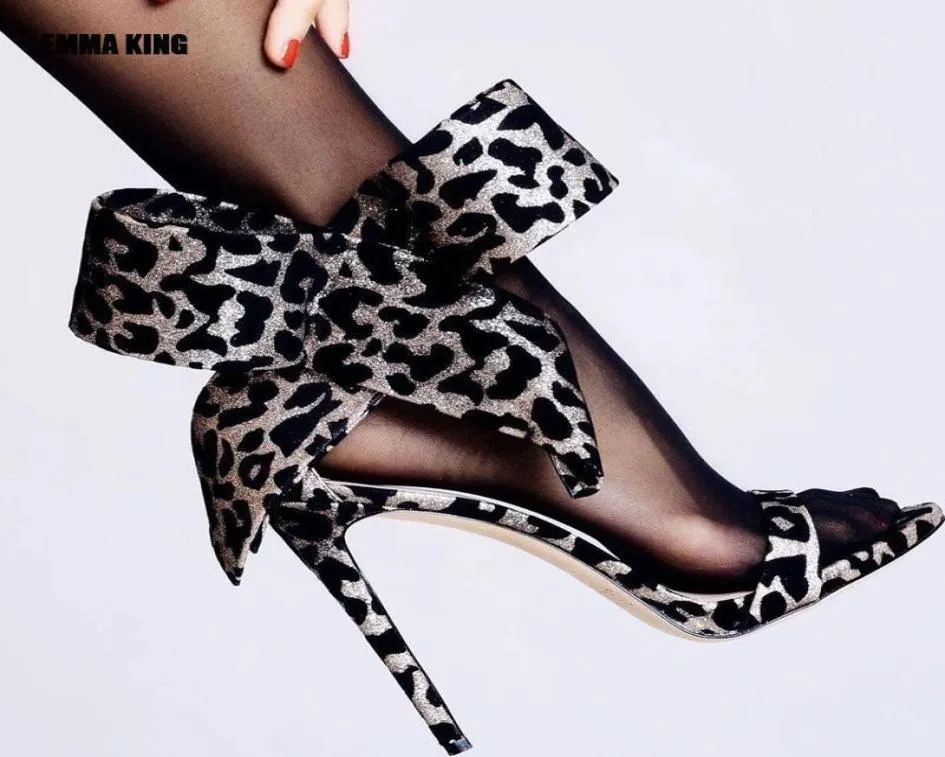 2021 Sexy Women Wabe Point Sandals Fashion Leopard Print High Heels Shoes Women Bow Summer Open Toe Losede Sandals13005352