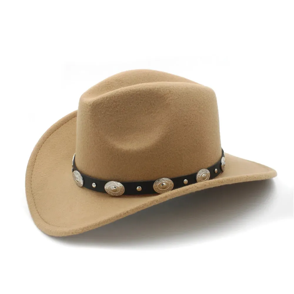 Vintage Wool Kinderen Kinderen Western Cowboy Hat For Boy Girl Wide Brim Cowgirl Jazz Cap met Leather Toca Sombrero 54cm 240423